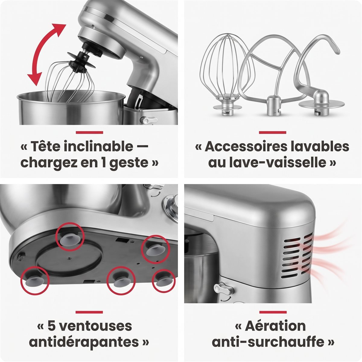 Tête inclinable, ventouses et aération